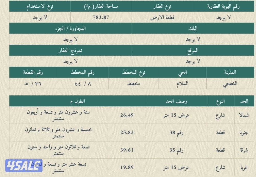 للبيع أرض بالخفجي حي السلام زاوية مساحة الارض ٧٨٣.٨٧ شارع ١٥ شمال1