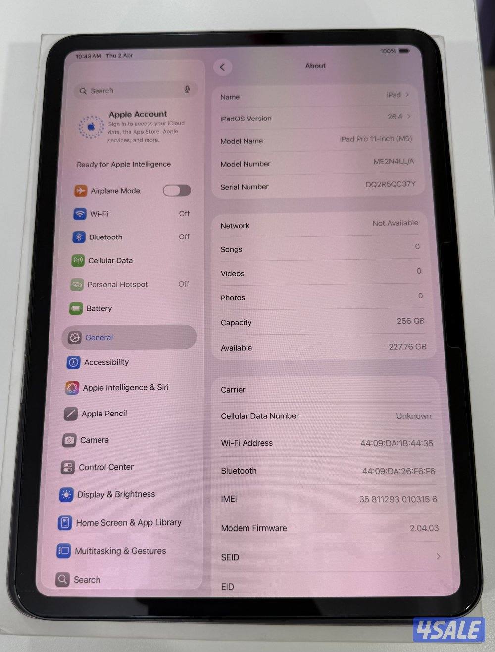 iPad Pro 11”M5 256GB Wifi+5G Cellular black Used.7