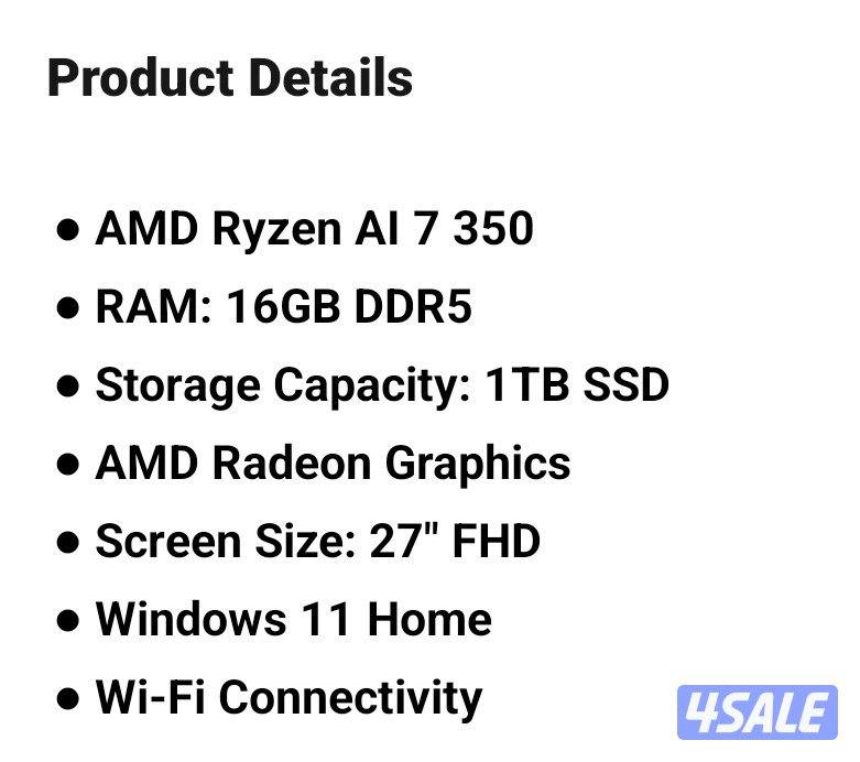 للبيع كمبيوتر مكتبي HpAio 27inch/Amd Ryzen7 Ai/16GB DDR5/1TBSSD/Amd6
