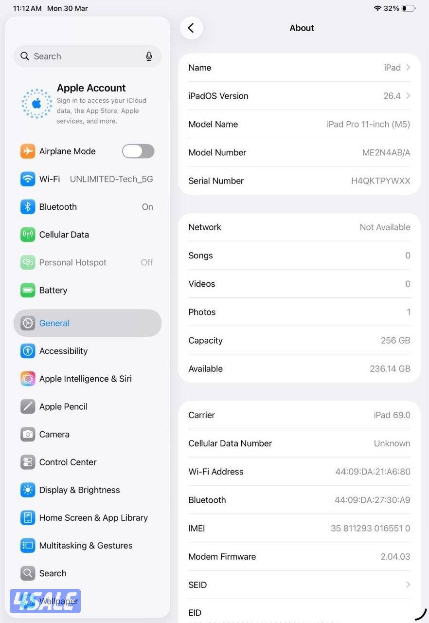 ايباد برو 11 انش – M5 – 256 جيجا – 5G مستعمل كالجديد شريحة9