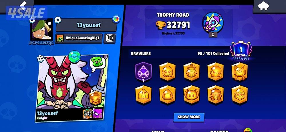 حساب لعبه براول ستارز للبيع٣٣الف كاس ٩٨بطل4