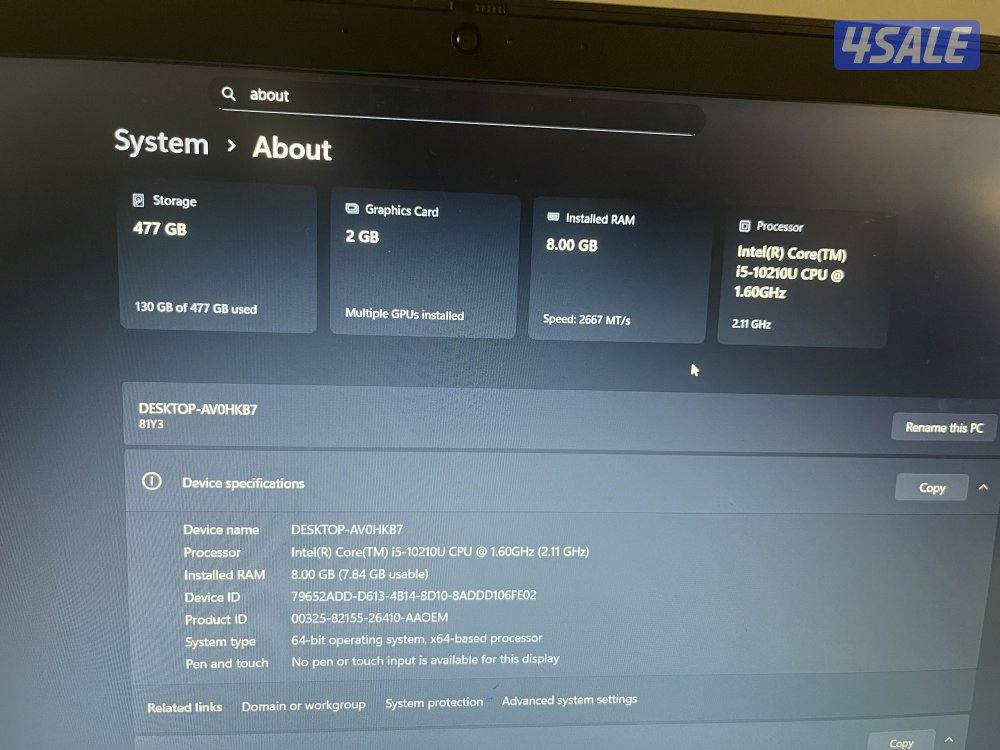 LENOVO LAPTOP INTEL I5 10 GEN, 8GB RAM, 477 GB STORAGE, NVIDEA MX130,2