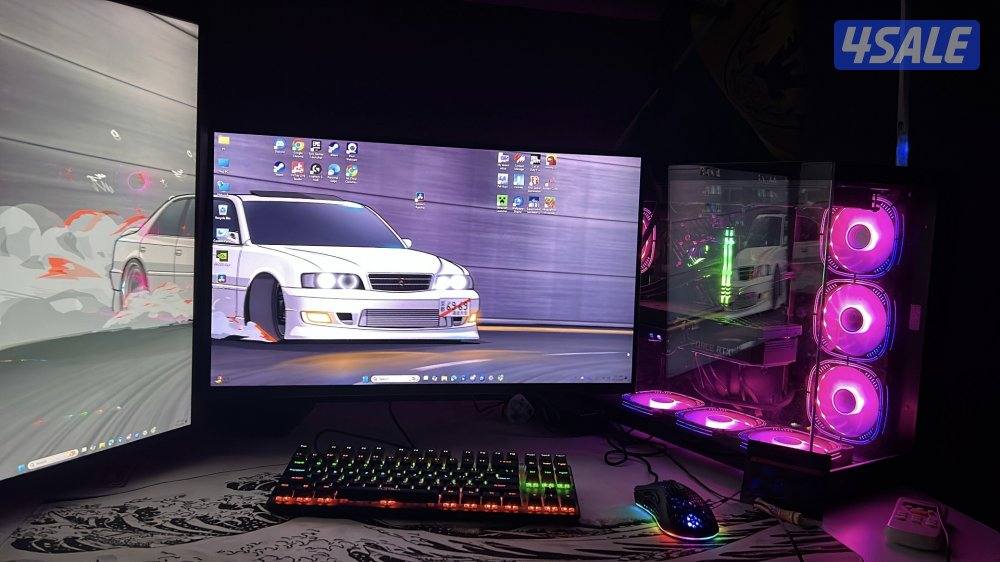 للبيع بي سي و شاشتين و ماوس و كيبورد و ستاند شاشتين0