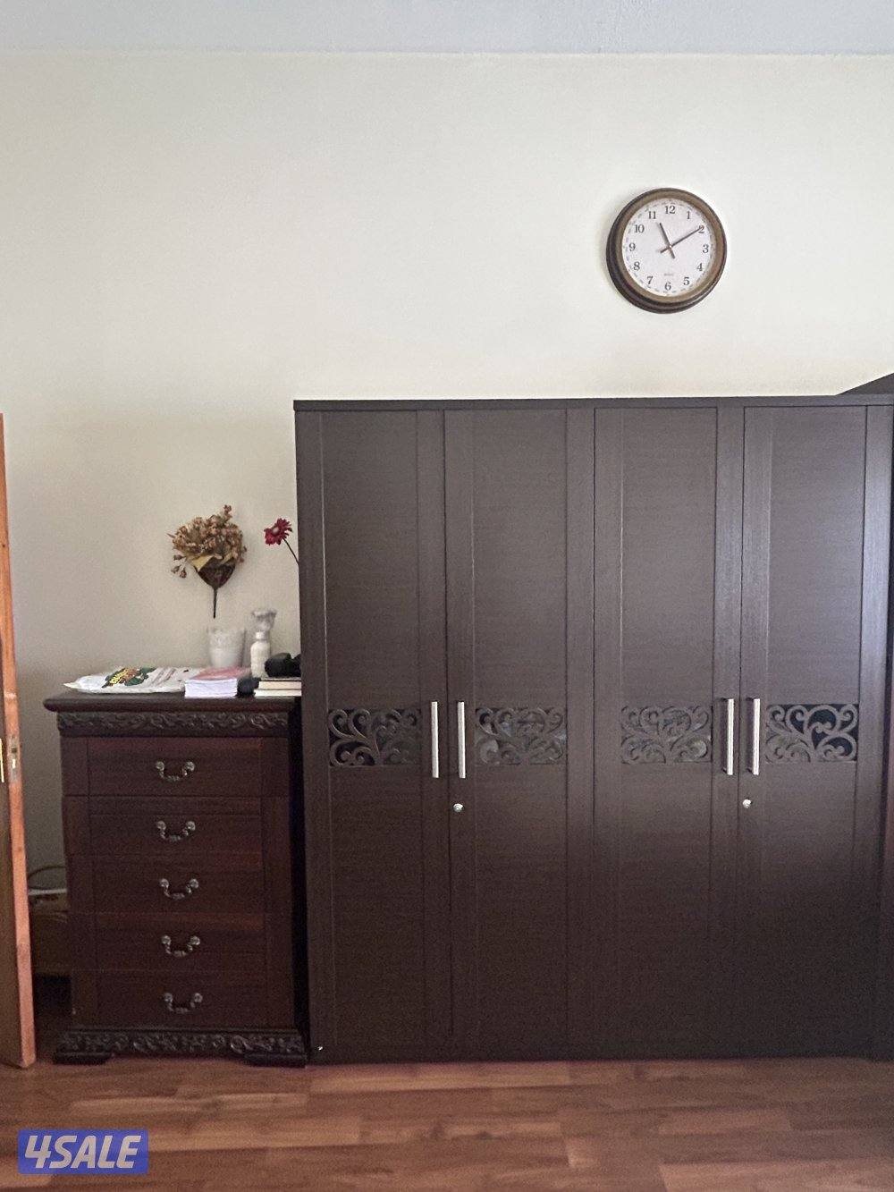 King size cot, 2 sets of 2 cabinets each wardrobes, side tables etc2