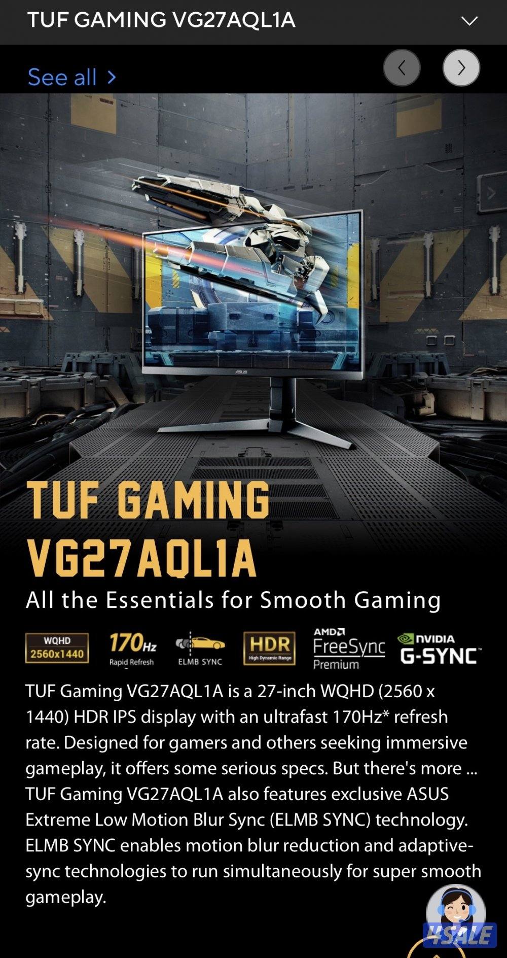 شاشة asus قياس 27 انش للقيمنق بدقة 2k ips بحالة كالجديدة مع كرتون2