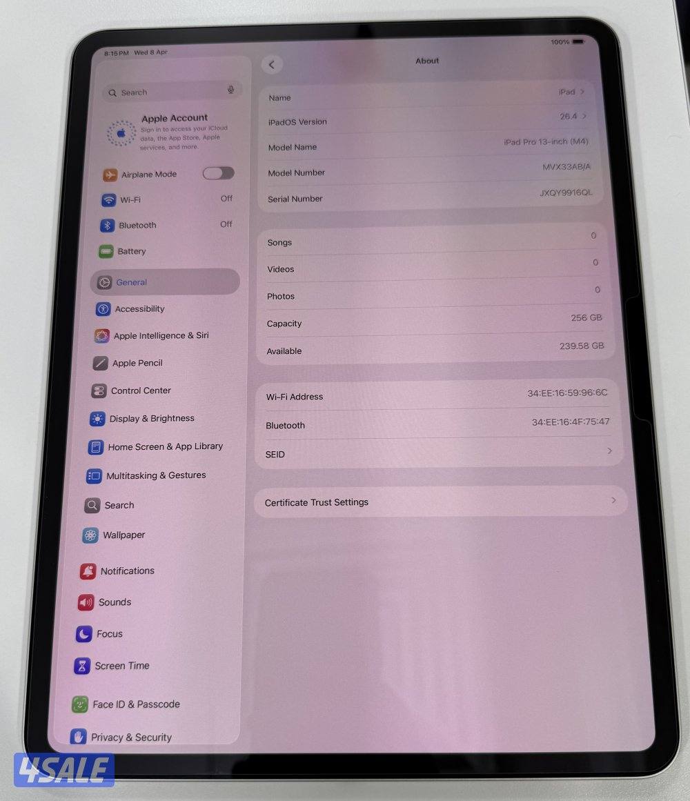 Apple iPad Pro 13” M4 256GB Wifi Silver Used.6