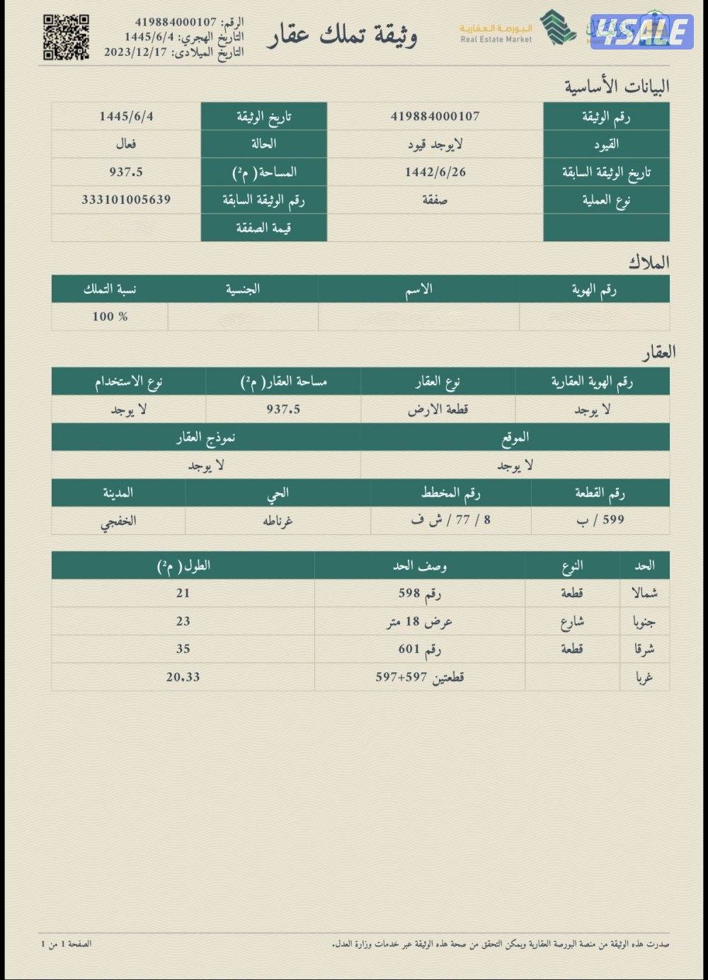 للبيع ارض في الخفجي حي غرناطة المساحة 9370