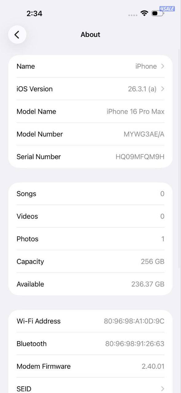 ايفون 16 برو ماكس 256 جيجا تيتانيوم أسود بطارية 90% iPhone 16 Pro Max10