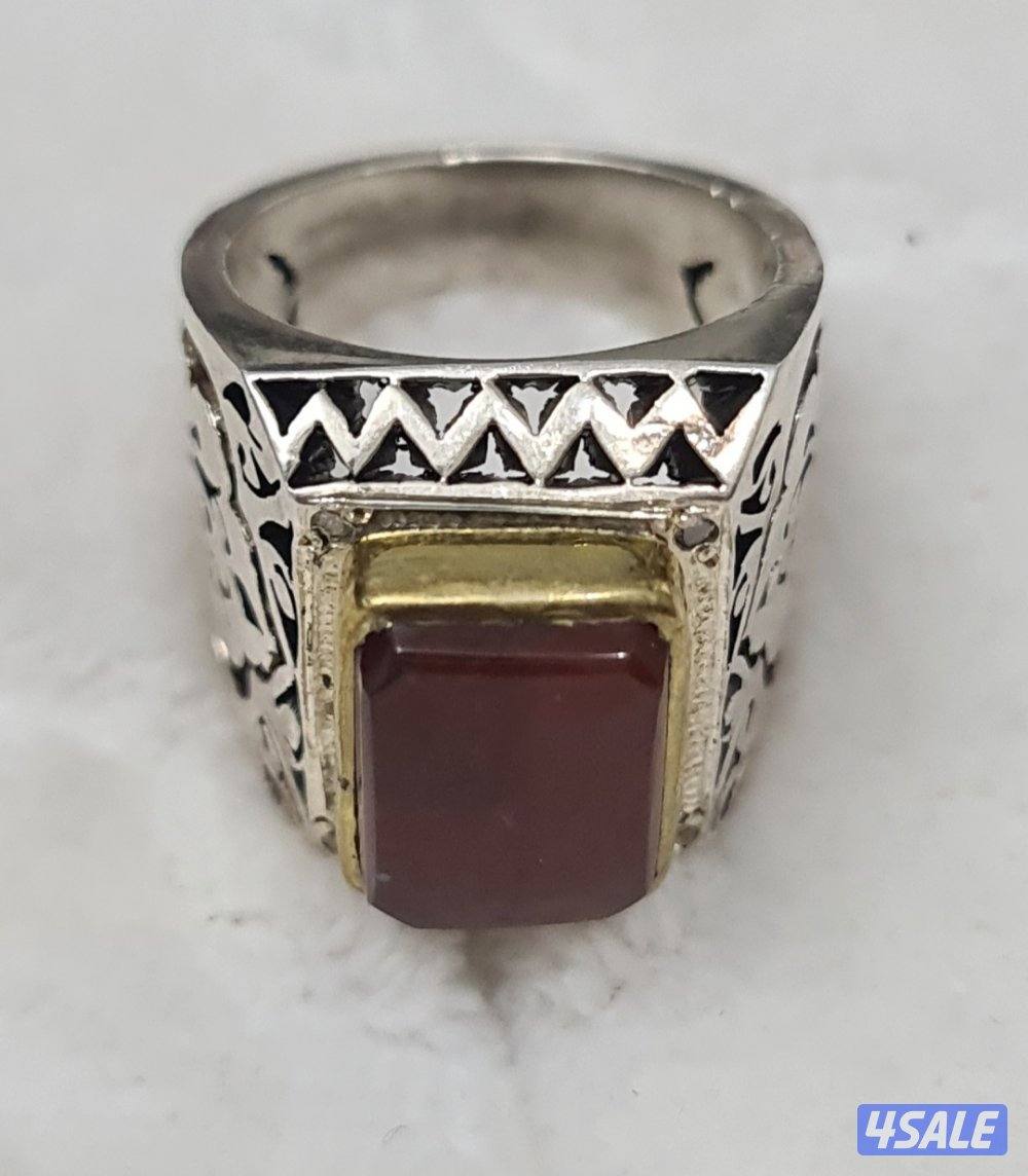 للبيع خاتم عقيق يماني فضه وألماس رجالي ( صياغة فتحيان)0