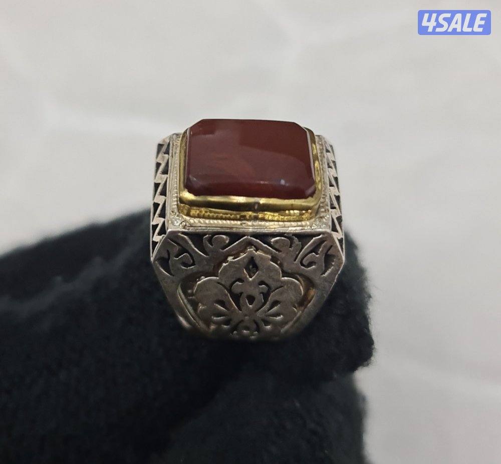 للبيع خاتم عقيق يماني فضه وألماس رجالي ( صياغة فتحيان)1