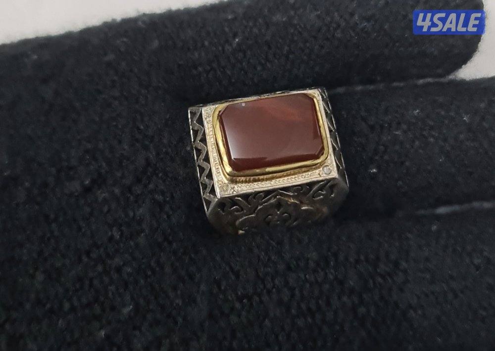 للبيع خاتم عقيق يماني فضه وألماس رجالي ( صياغة فتحيان)4