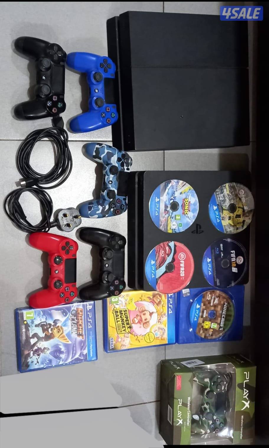 two ps fours 1 slim one normal 6 controllers cables and cds, No: